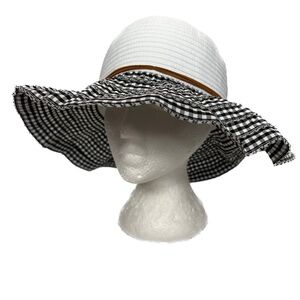 San Diego Hat Co Wide Brim Ribbon Sun Hat White Blue Gingham Check Cottagecore